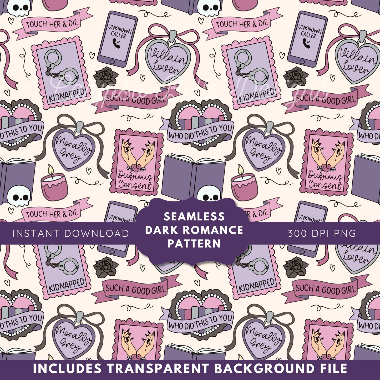 Dark Romance Tropes Reader Seamless Pattern, Smut Bookish Pattern