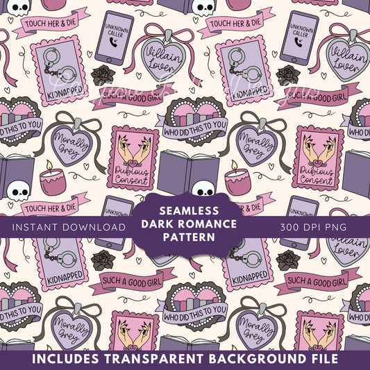 Dark Romance Tropes Reader Seamless Pattern, Smut Bookish Pattern