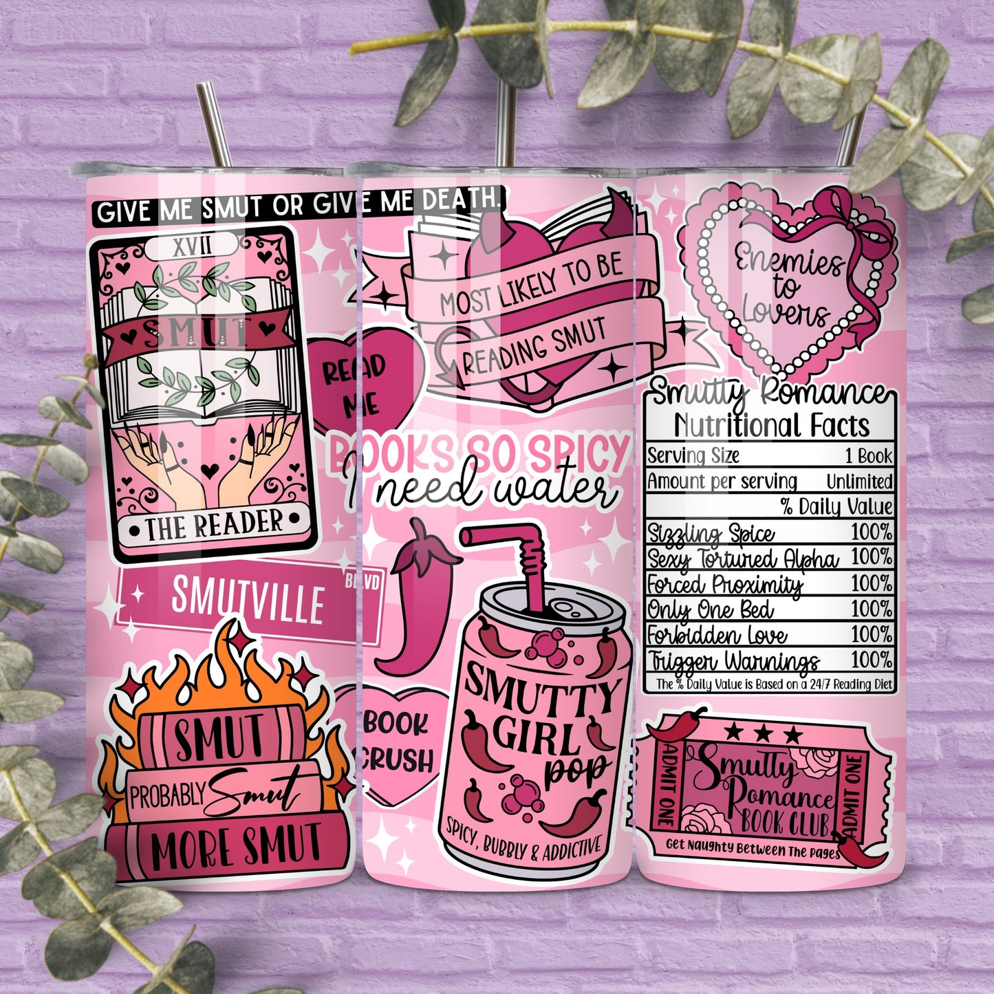 Smut Romance Reader 20 oz Skinny Tumbler Seamless Wrap, Bookish Pattern