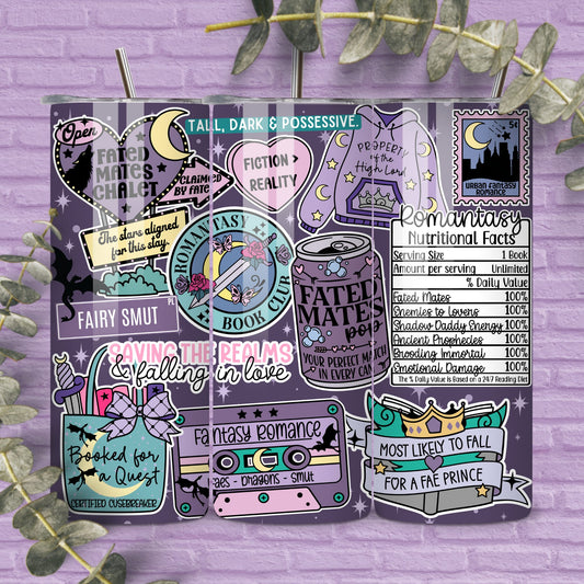 Romantasy Reader 20 oz Skinny Tumbler Seamless Wrap, Bookish Pattern