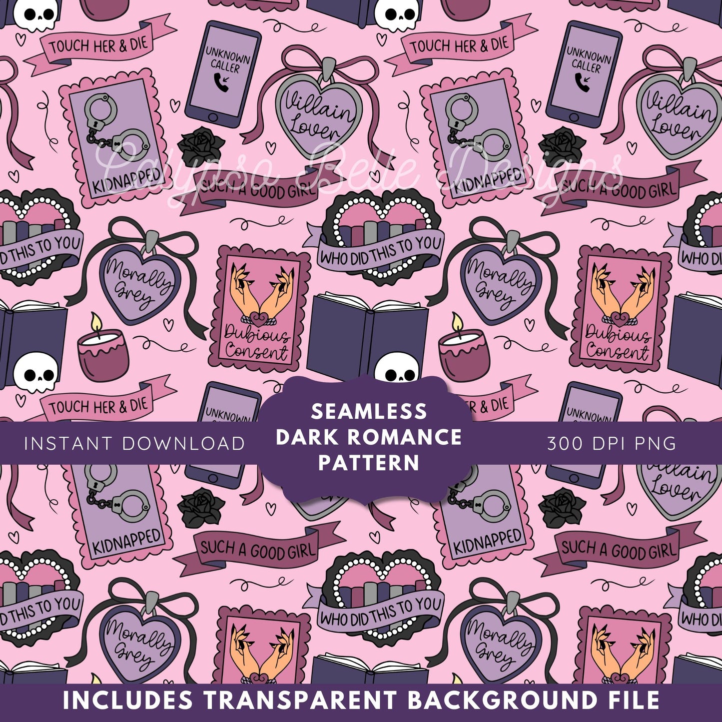 Dark Romance Tropes Reader Seamless Pattern, Smut Bookish Pattern
