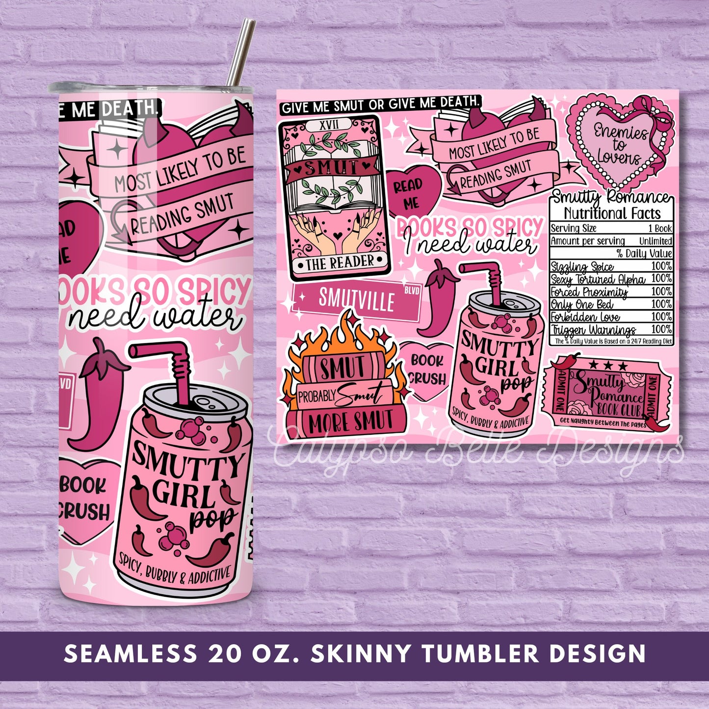 Smut Romance Reader 20 oz Skinny Tumbler Seamless Wrap, Bookish Pattern