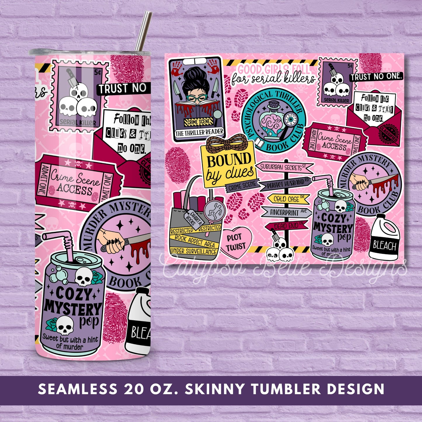 Thriller Reader 20 oz Skinny Tumbler Seamless Wrap, Bookish Pattern