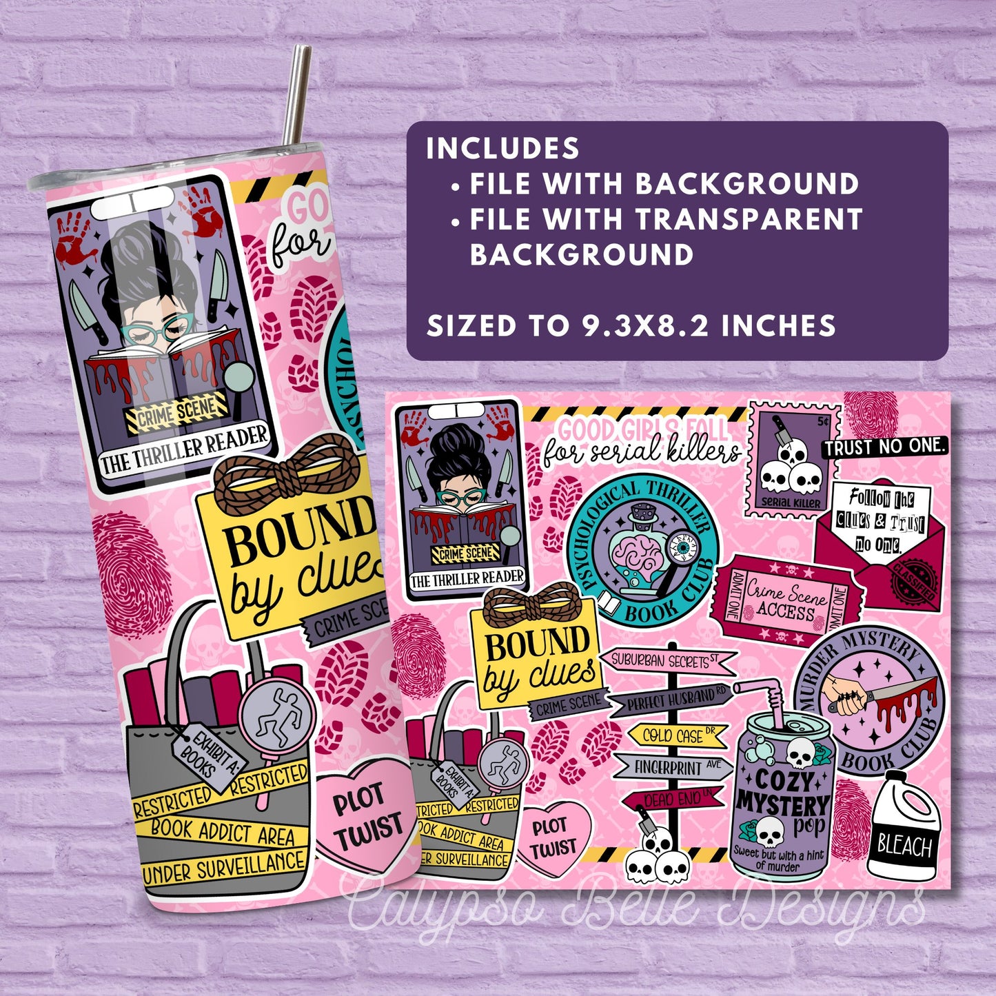 Thriller Reader 20 oz Skinny Tumbler Seamless Wrap, Bookish Pattern