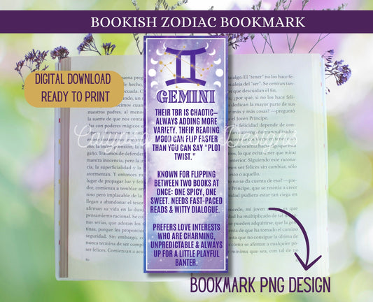 Gemini Reader Bookish Zodiac, Printable Bookmark