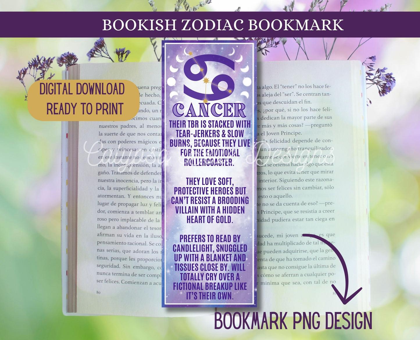 Cancer Reader Bookish Zodiac, Printable Bookmark