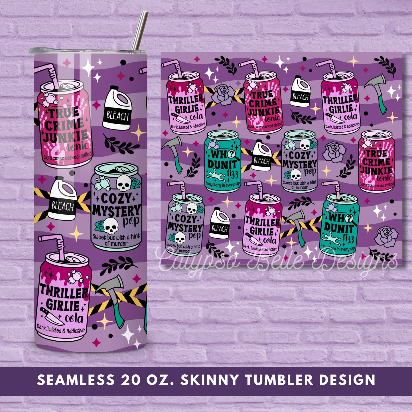 Thriller Reader 20 oz Skinny Tumbler Seamless Wrap, Bookish Pattern