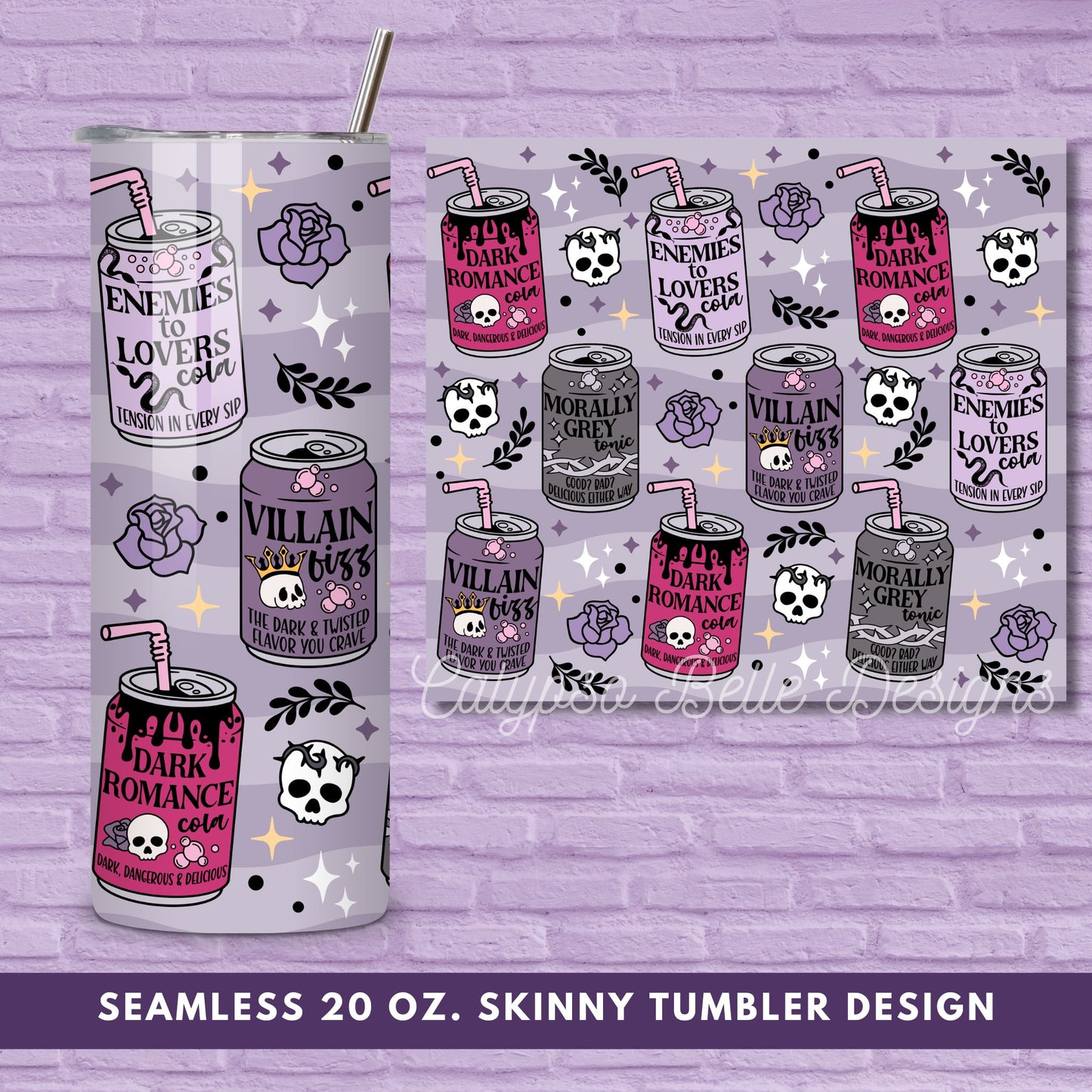 Dark Romance Reader Soda 20 oz Skinny Tumbler Seamless Wrap, Bookish Pattern