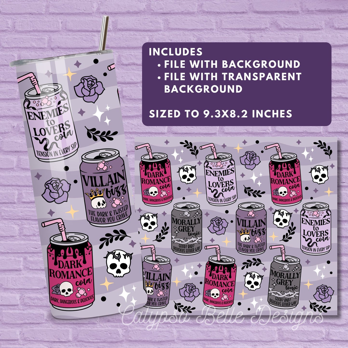 Dark Romance Reader Soda 20 oz Skinny Tumbler Seamless Wrap, Bookish Pattern