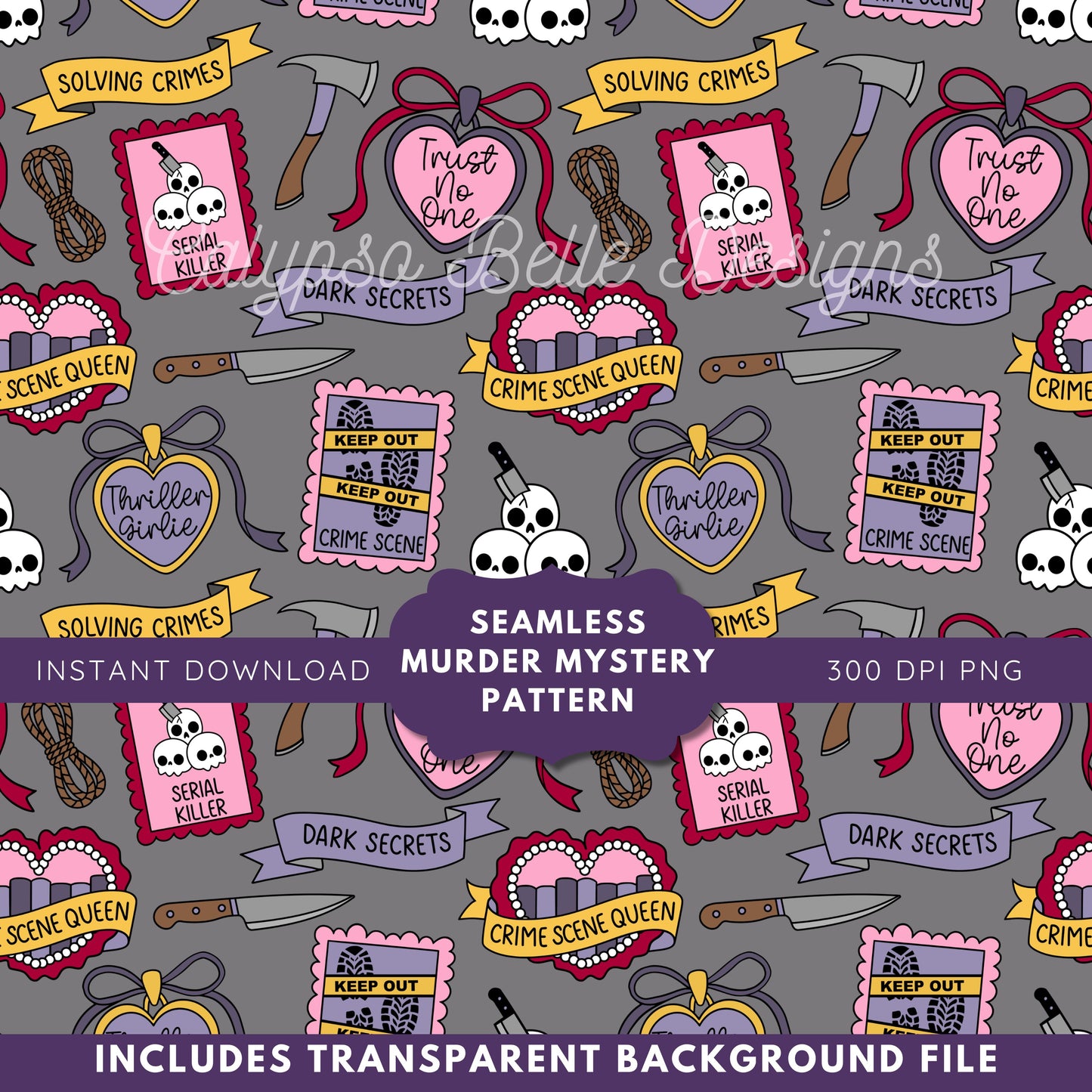 Murder Mystery Tropes Reader Seamless Pattern, True Crime, Thriller Bookish Pattern