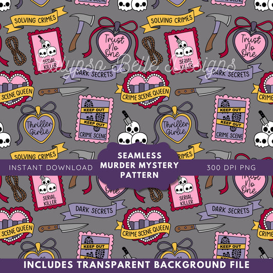 Murder Mystery Tropes Reader Seamless Pattern, True Crime, Thriller Bookish Pattern