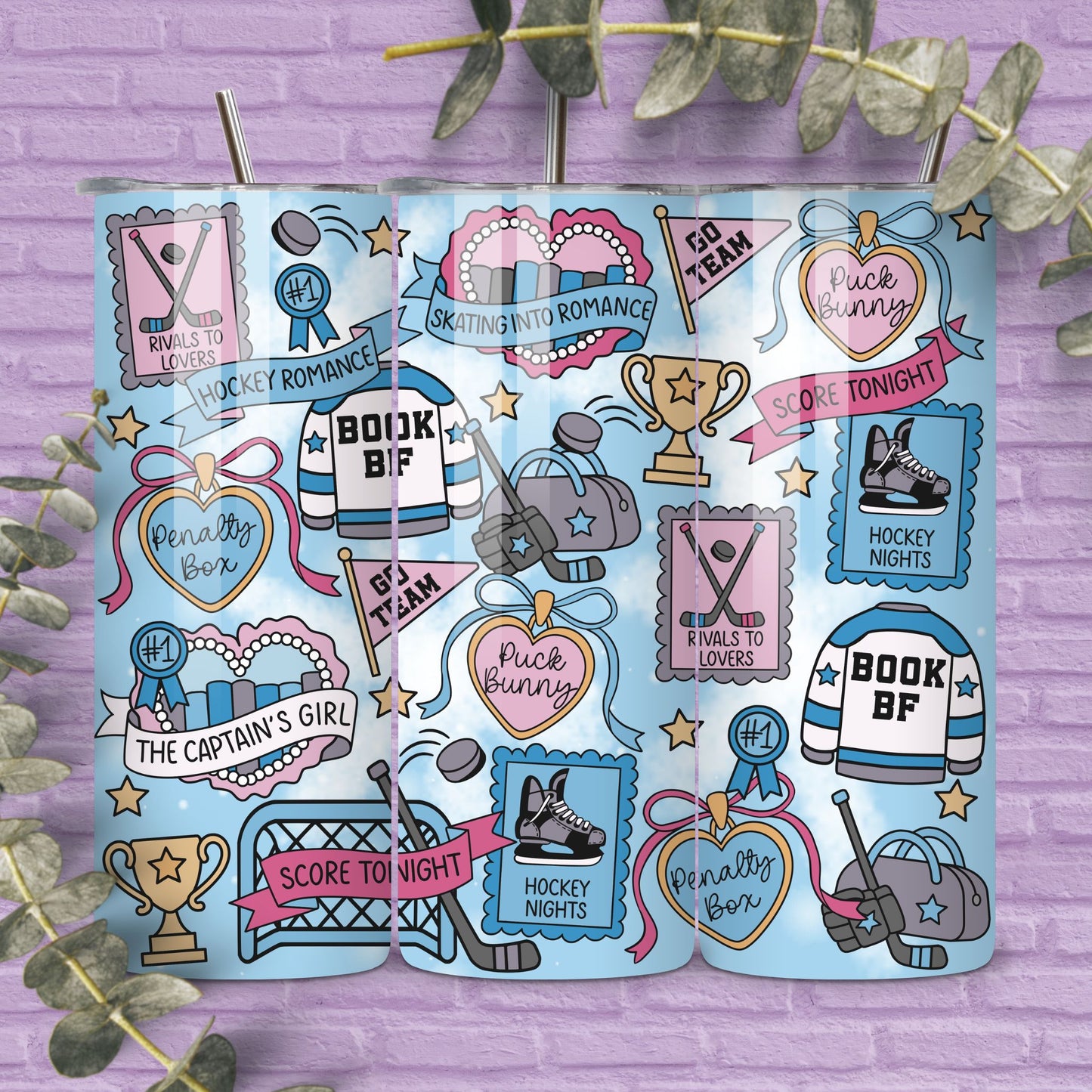 Hockey Romance Reader 20 oz Skinny Tumbler Seamless Wrap, Bookish Pattern