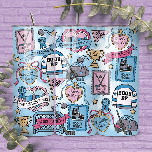 Hockey Romance Reader 20 oz Skinny Tumbler Seamless Wrap, Bookish Pattern