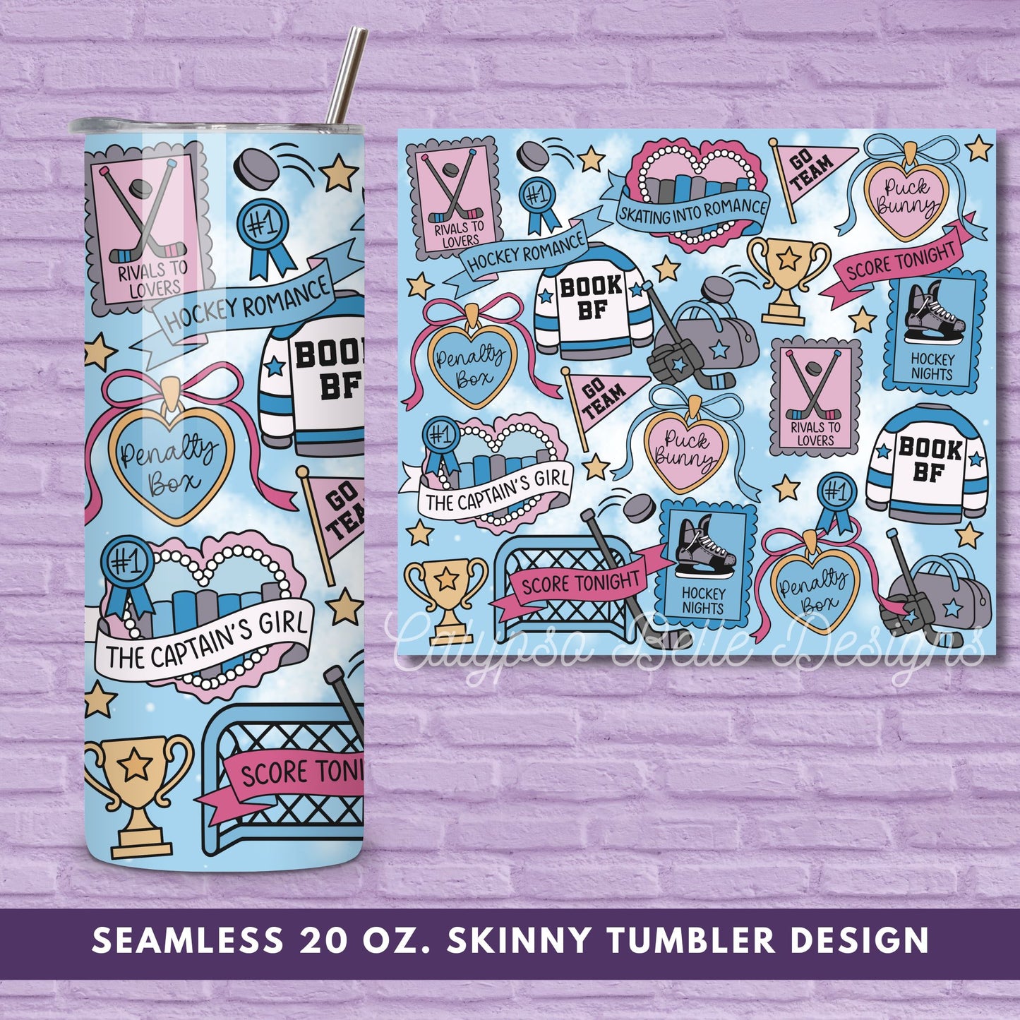 Hockey Romance Reader 20 oz Skinny Tumbler Seamless Wrap, Bookish Pattern