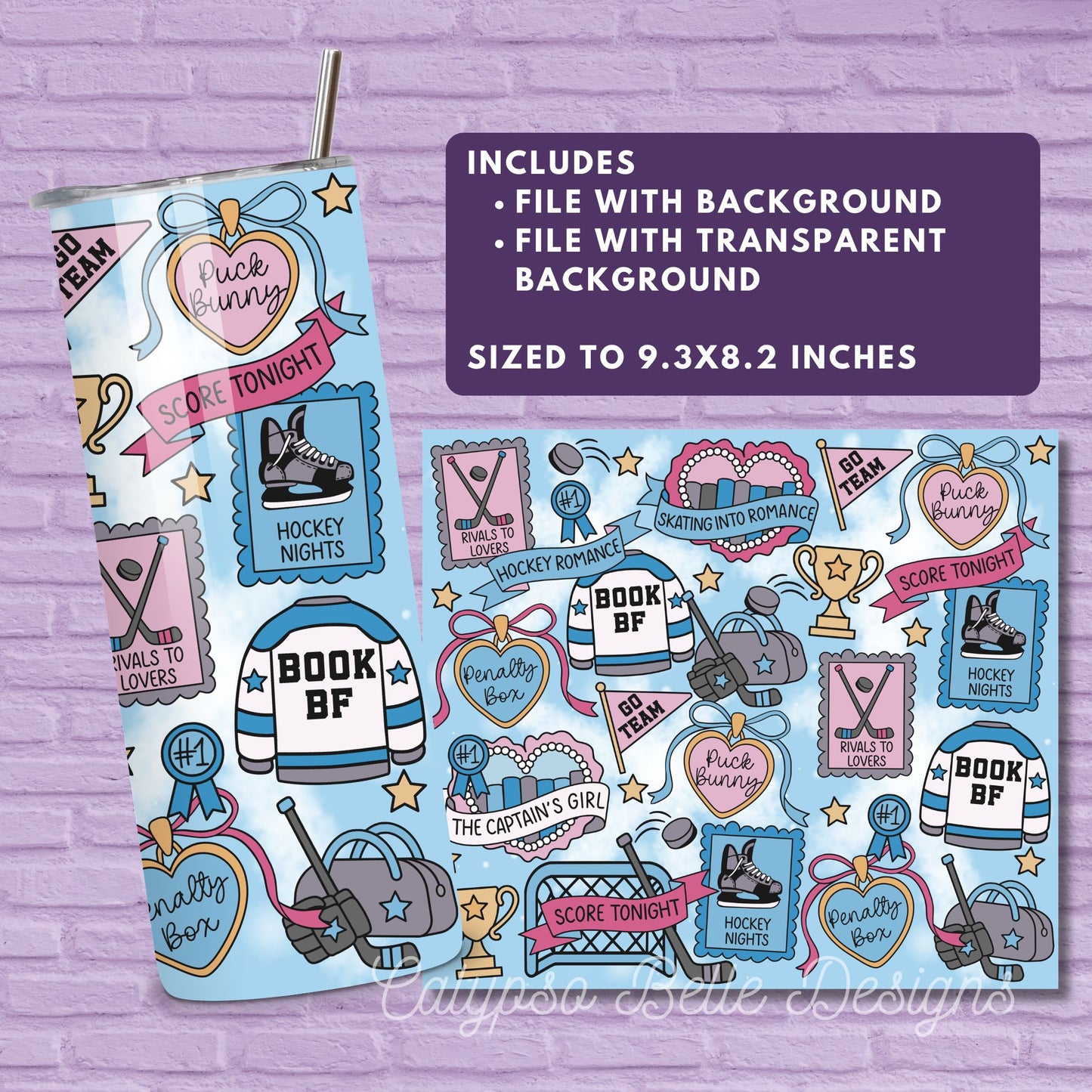 Hockey Romance Reader 20 oz Skinny Tumbler Seamless Wrap, Bookish Pattern