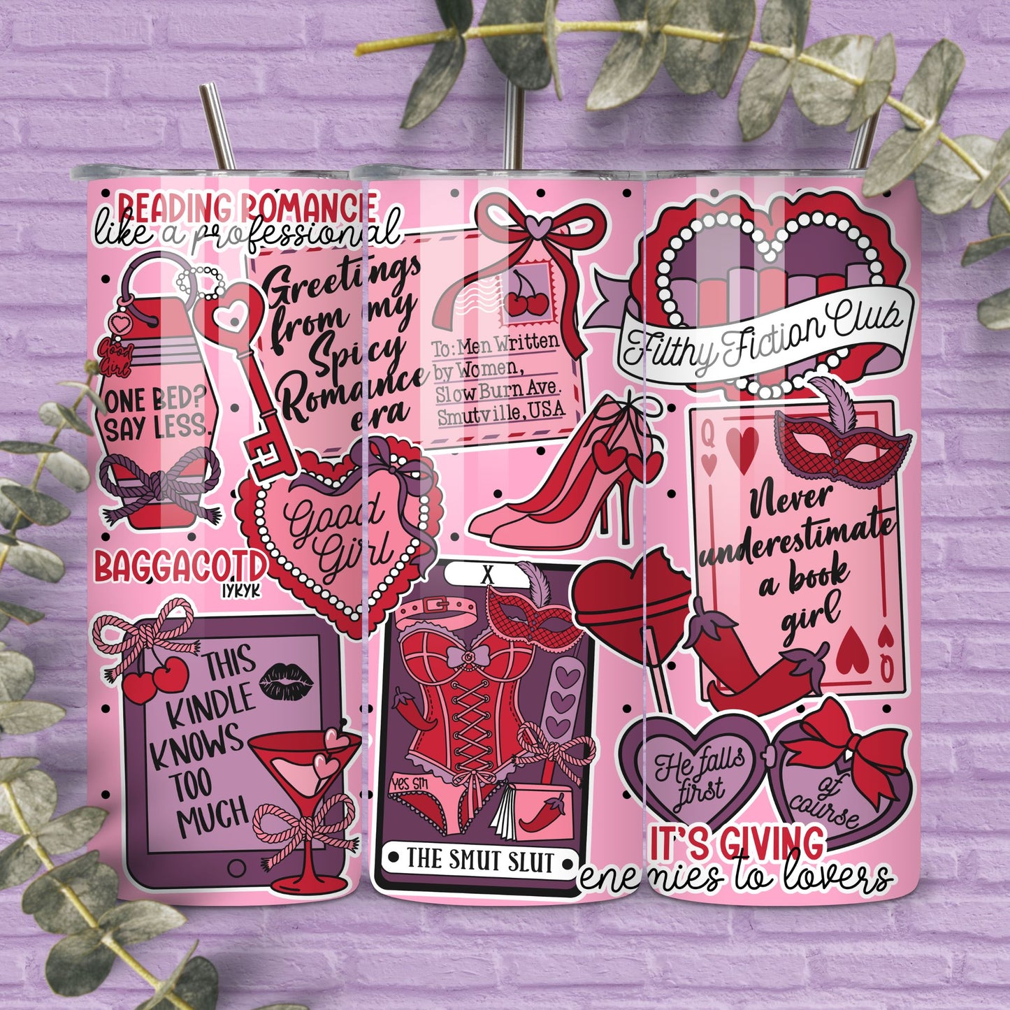 Spicy Romance Reader 20 oz Skinny Tumbler Seamless Wrap, Bookish Pattern