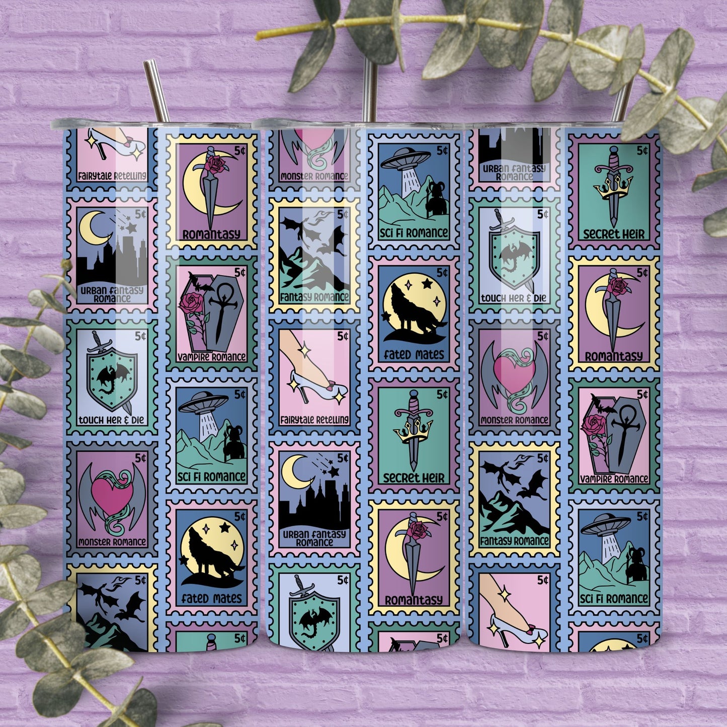 Fantasy Romance Reader 20 oz Skinny Tumbler Seamless Wrap, Bookish Pattern, Trope Stamps