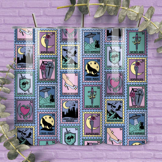 Fantasy Romance Reader 20 oz Skinny Tumbler Seamless Wrap, Bookish Pattern, Trope Stamps