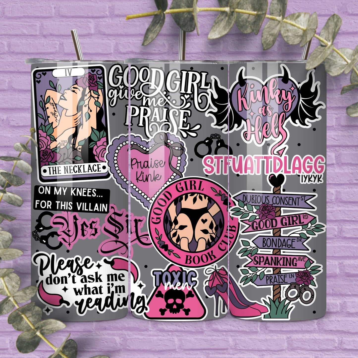 Good Girl Kinky Romance Reader 20 oz Skinny Tumbler Seamless Wrap, Bookish Pattern