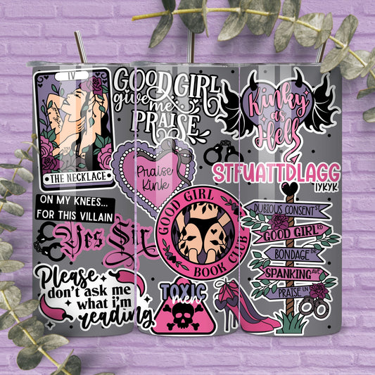 Good Girl Kinky Romance Reader 20 oz Skinny Tumbler Seamless Wrap, Bookish Pattern