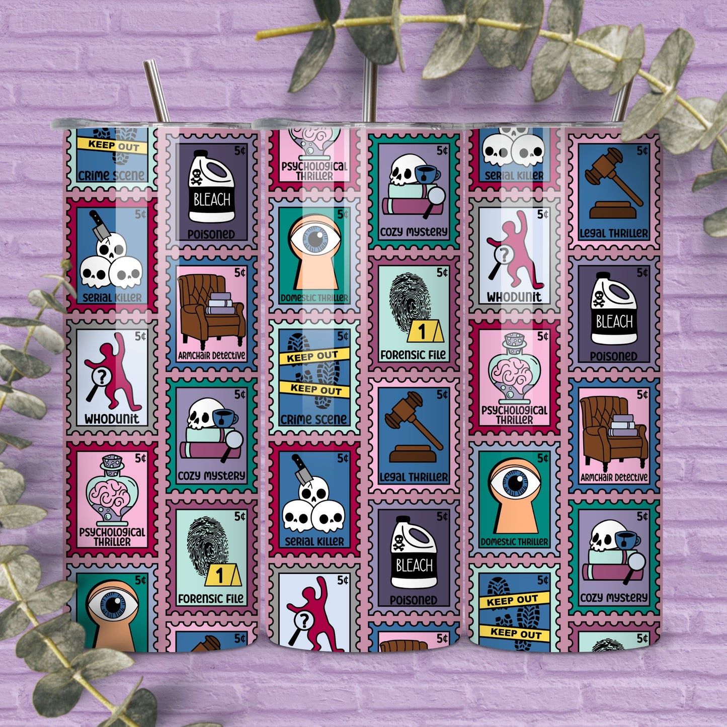 Thriller Reader 20 oz Skinny Tumbler Seamless Wrap, Bookish Pattern, Trope Stamps