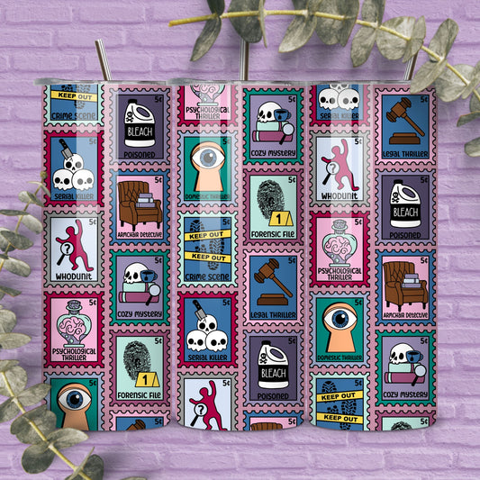 Thriller Reader 20 oz Skinny Tumbler Seamless Wrap, Bookish Pattern, Trope Stamps