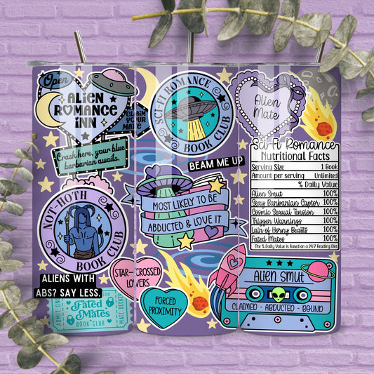 Sci Fi Romance Reader 20 oz Skinny Tumbler Seamless Wrap, Alien Romance Bookish Pattern
