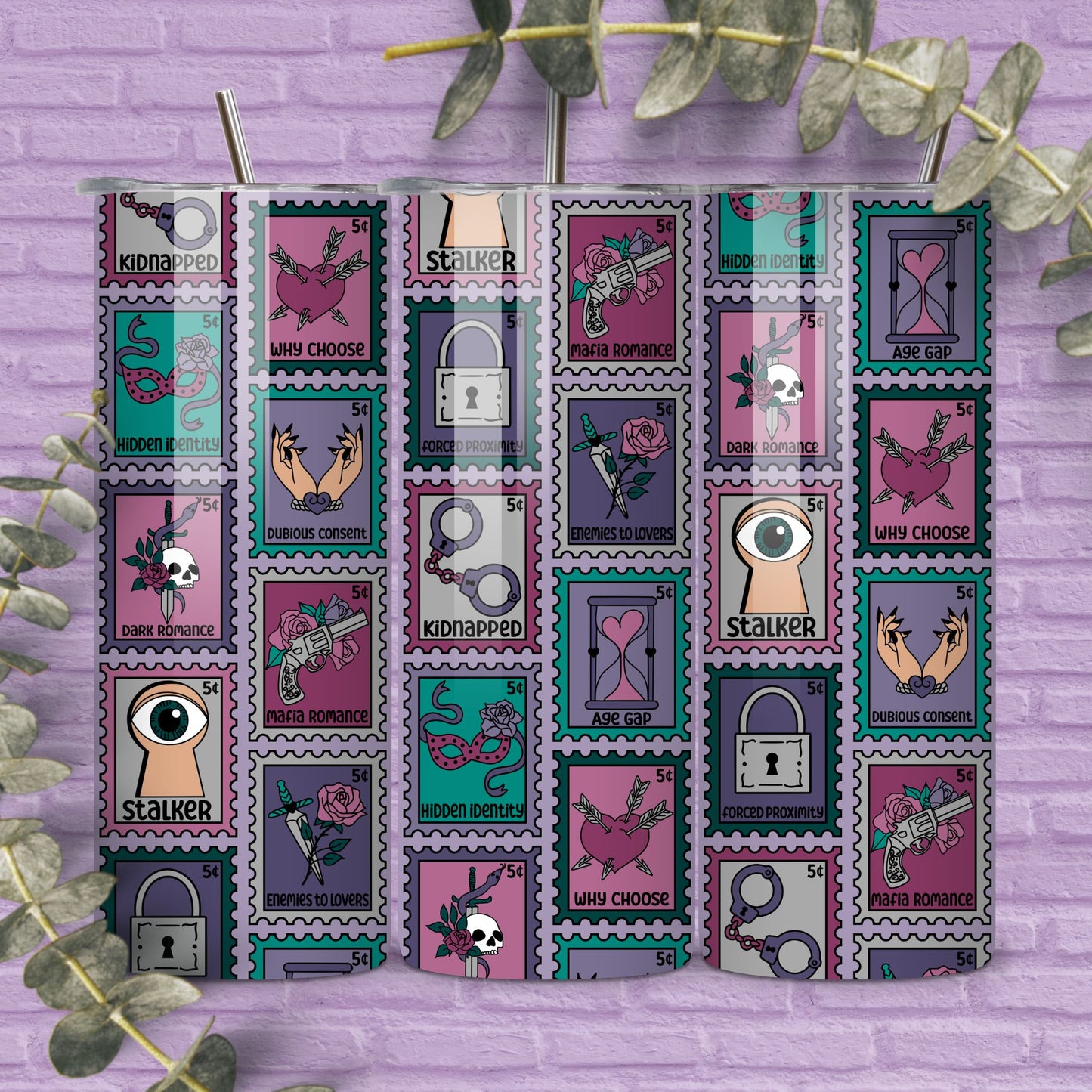 Dark Romance Reader 20 oz Skinny Tumbler Seamless Wrap, Bookish Pattern, Trope Stamps