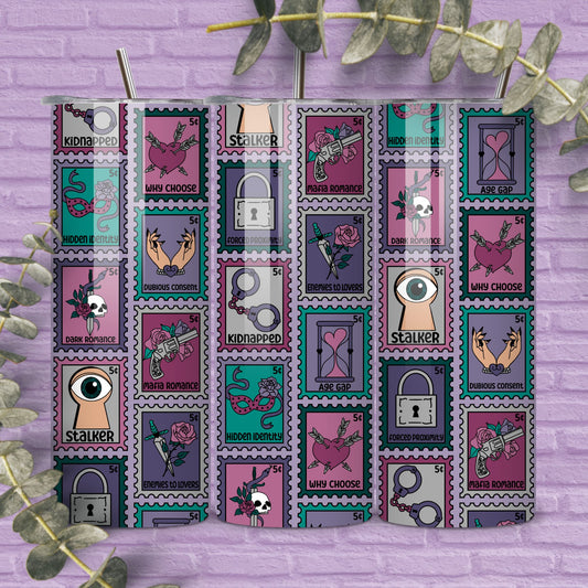 Dark Romance Reader 20 oz Skinny Tumbler Seamless Wrap, Bookish Pattern, Trope Stamps