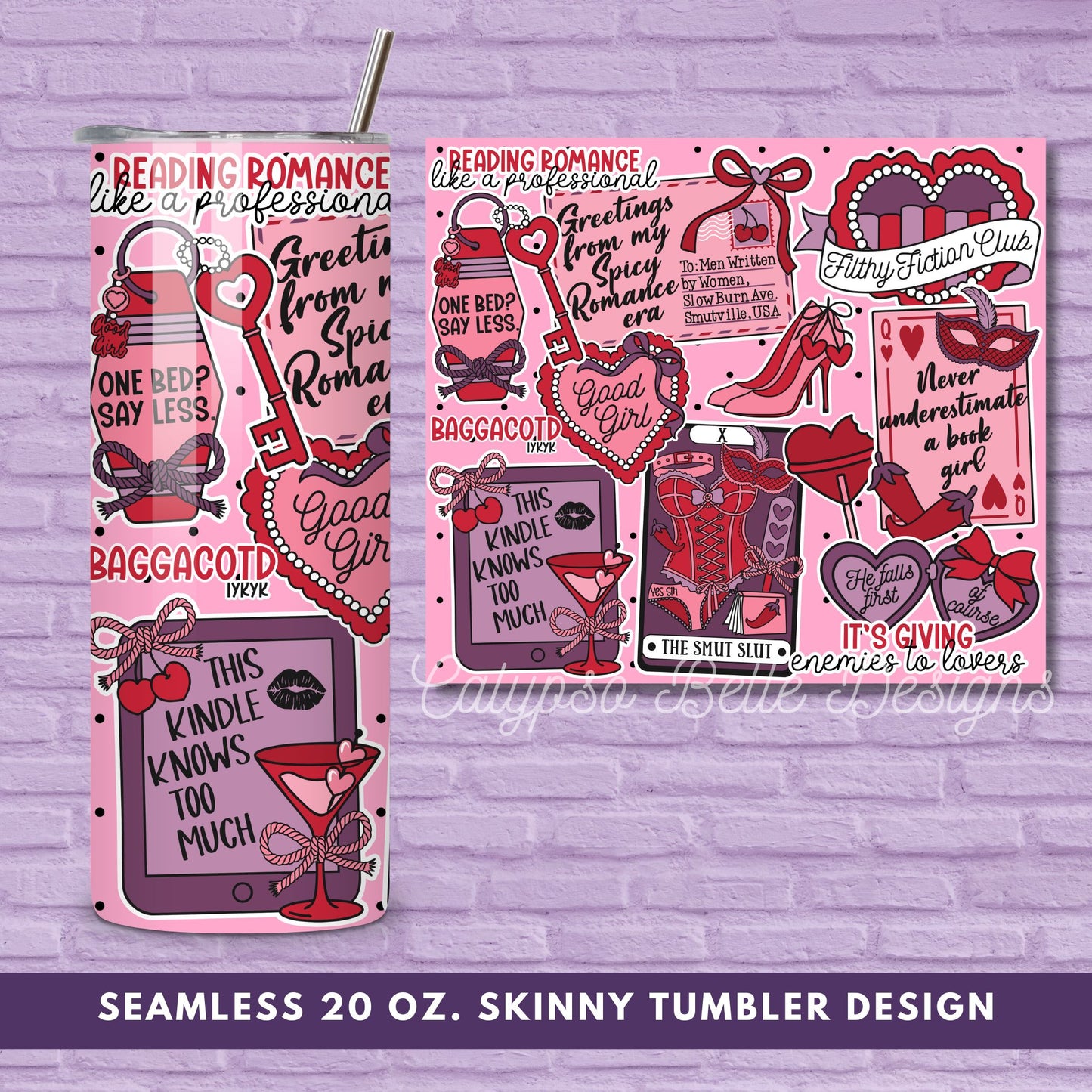 Spicy Romance Reader 20 oz Skinny Tumbler Seamless Wrap, Bookish Pattern
