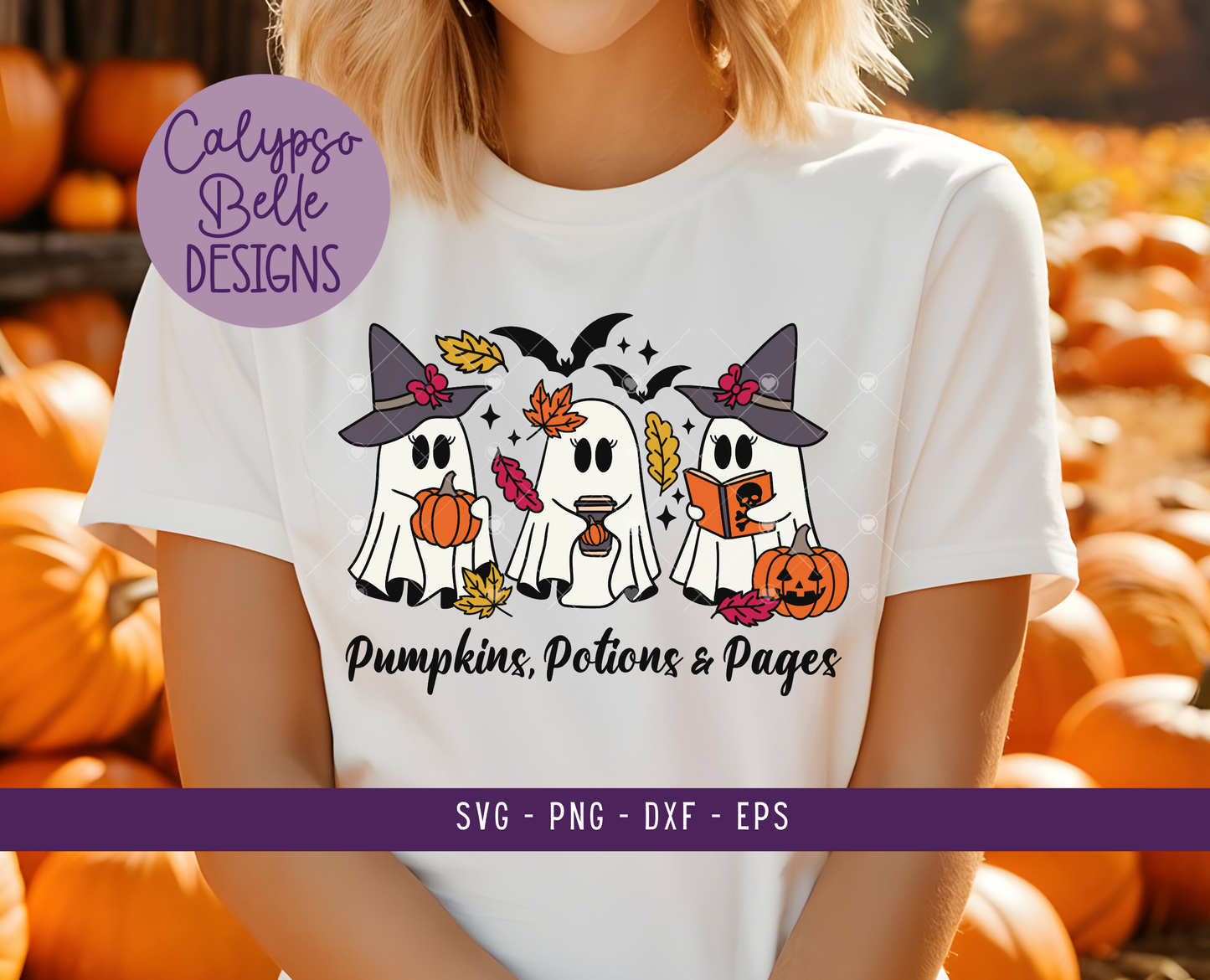 Pumpkins Potions & Pages, Reading Ghost, Spooky Bookish, Halloween Design