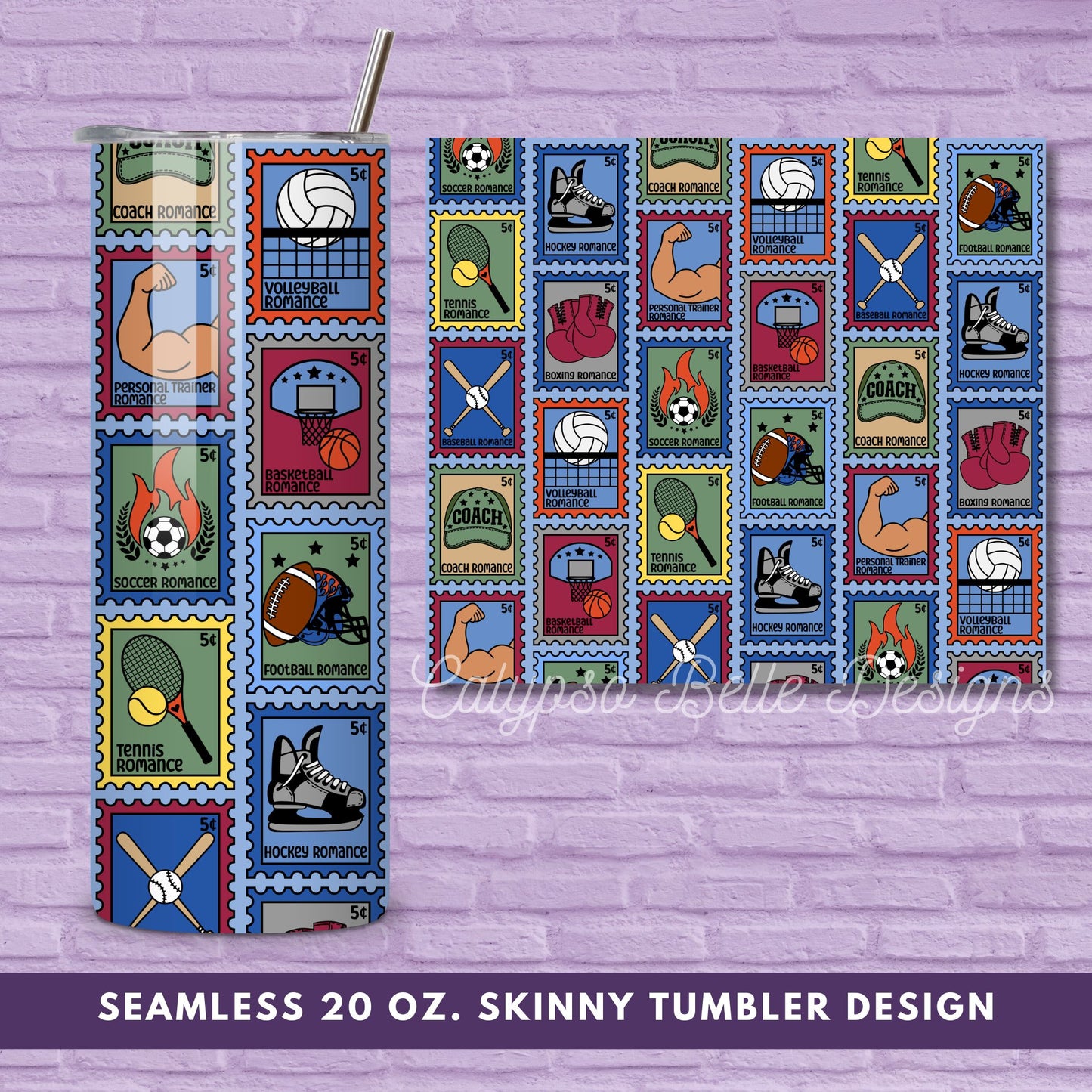 Sports Romance Reader 20 oz Skinny Tumbler Seamless Wrap, Bookish Pattern, Trope Stamps