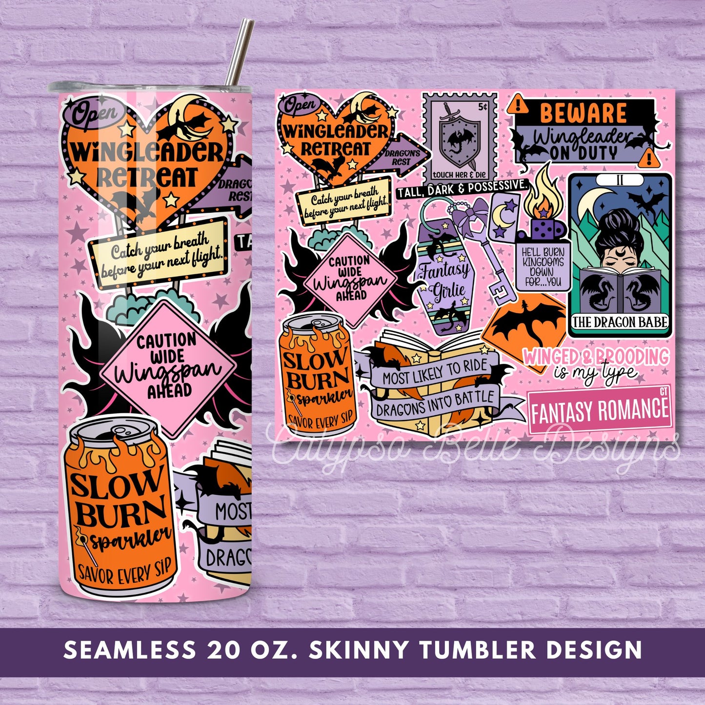 Dragon Babe, Romantasy Reader 20 oz Skinny Tumbler Seamless Wrap, Fantasy Romance Bookish Pattern