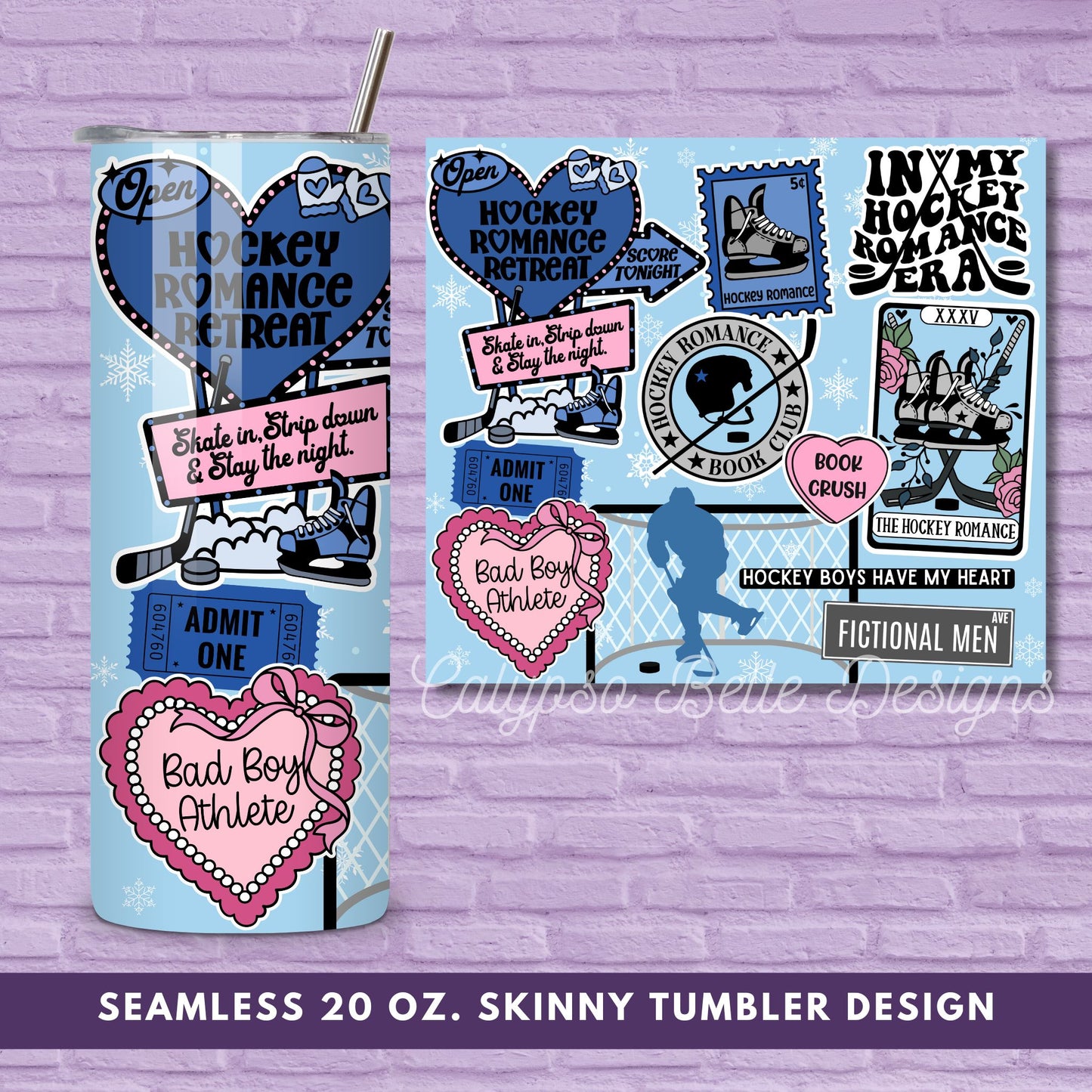Hockey Romance Reader 20 oz Skinny Tumbler Seamless Wrap, Bookish Pattern