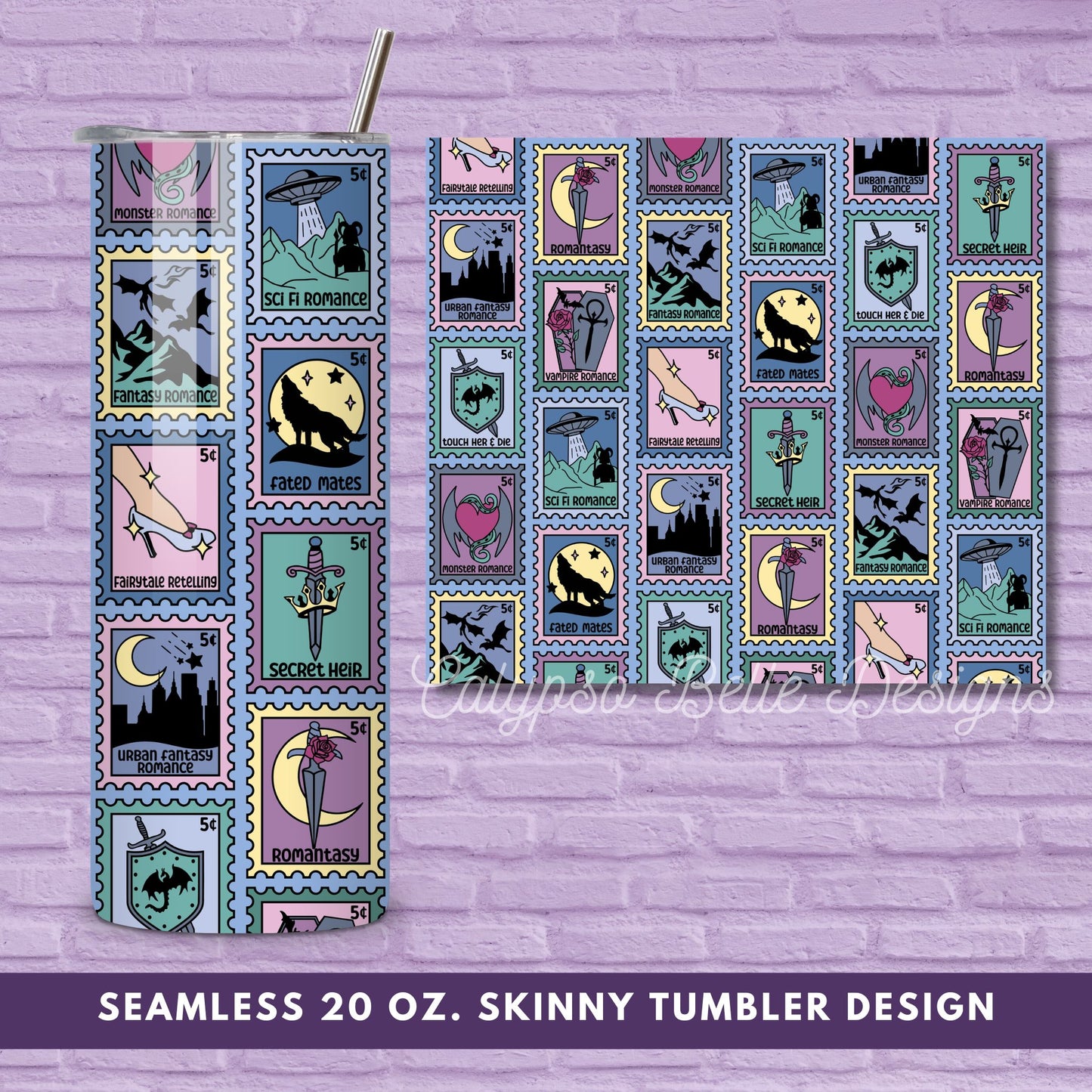 Fantasy Romance Reader 20 oz Skinny Tumbler Seamless Wrap, Bookish Pattern, Trope Stamps