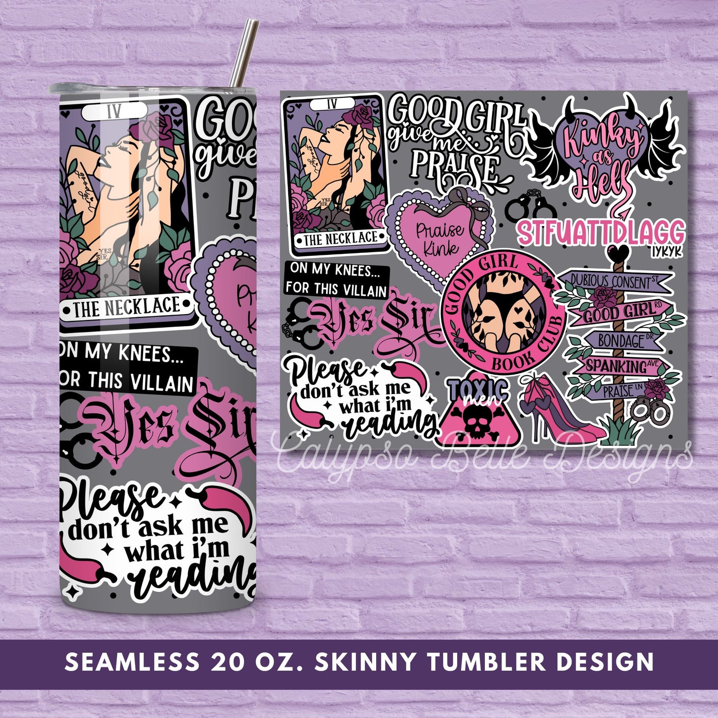 Good Girl Kinky Romance Reader 20 oz Skinny Tumbler Seamless Wrap, Bookish Pattern