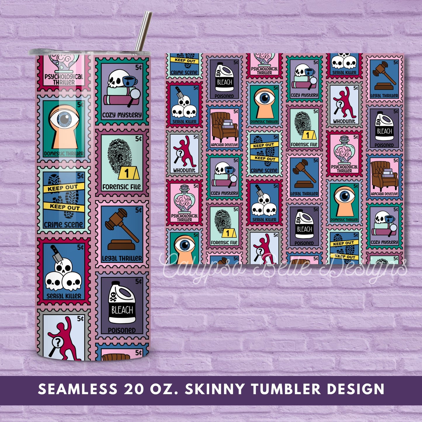 Thriller Reader 20 oz Skinny Tumbler Seamless Wrap, Bookish Pattern, Trope Stamps