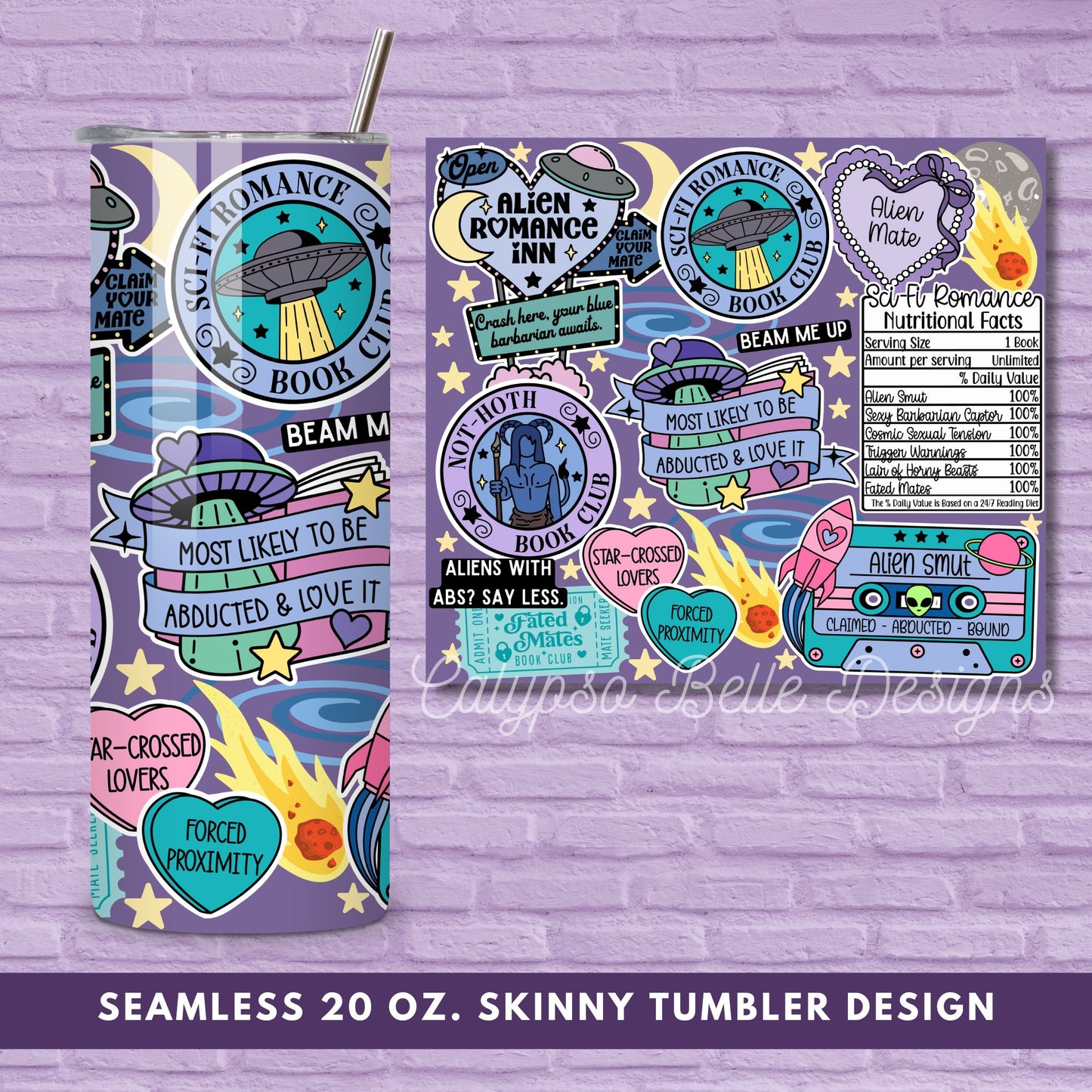 Sci Fi Romance Reader 20 oz Skinny Tumbler Seamless Wrap, Alien Romance Bookish Pattern