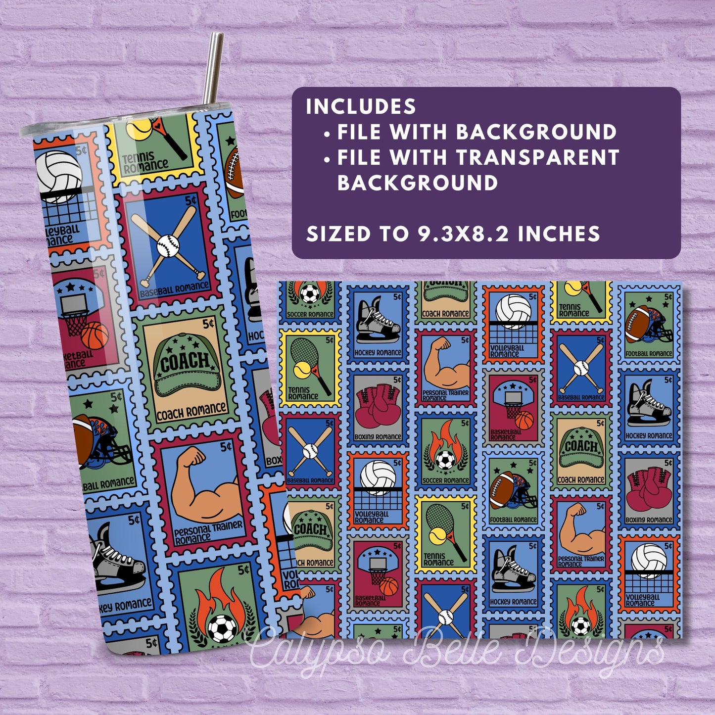 Sports Romance Reader 20 oz Skinny Tumbler Seamless Wrap, Bookish Pattern, Trope Stamps