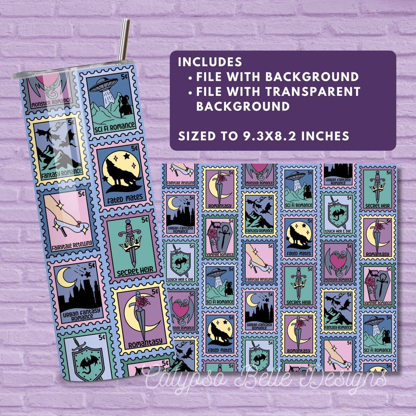 Fantasy Romance Reader 20 oz Skinny Tumbler Seamless Wrap, Bookish Pattern, Trope Stamps