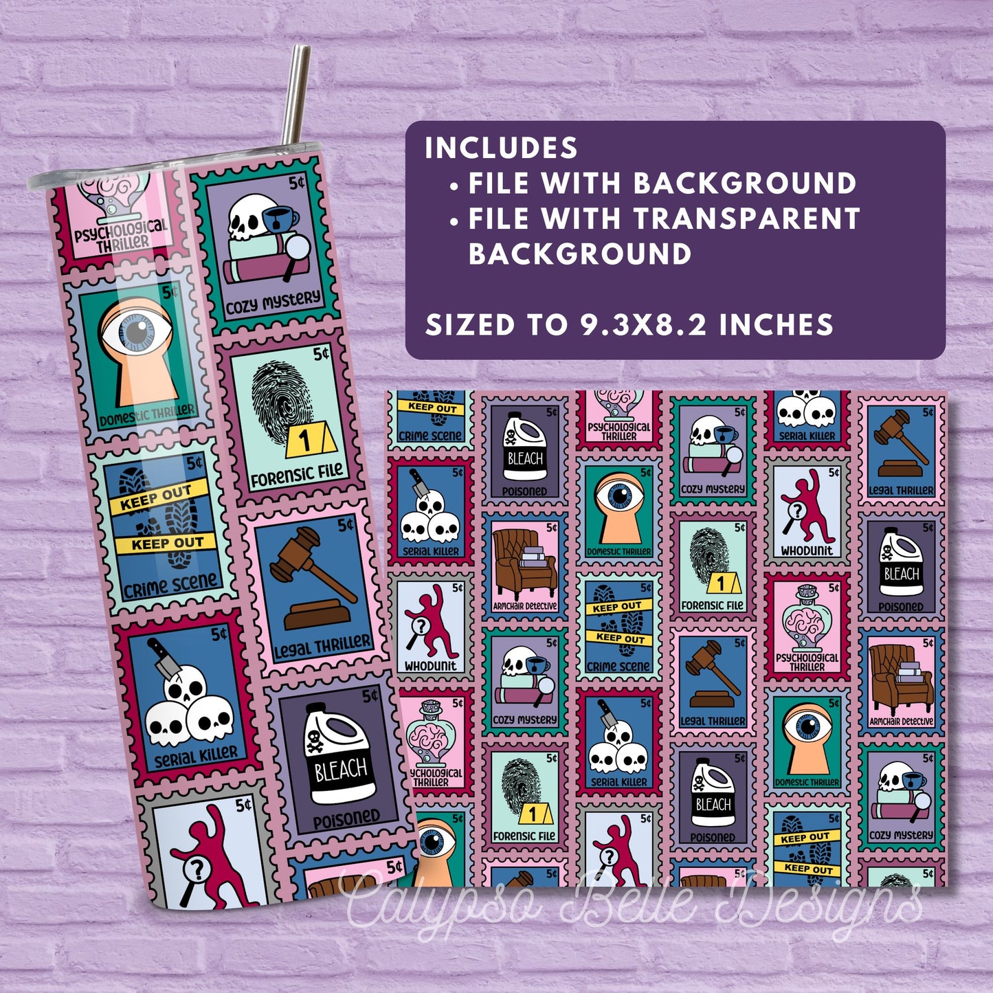 Thriller Reader 20 oz Skinny Tumbler Seamless Wrap, Bookish Pattern, Trope Stamps