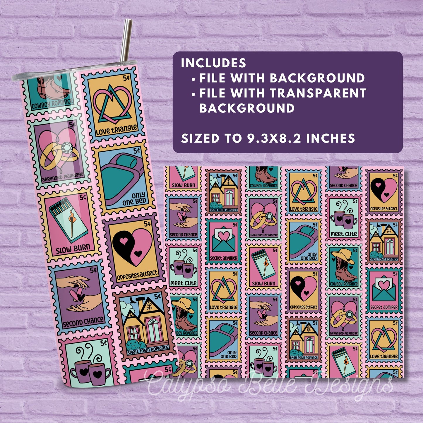 Cute Romance Reader 20 oz Skinny Tumbler Seamless Wrap, Bookish Pattern, Trope Stamps