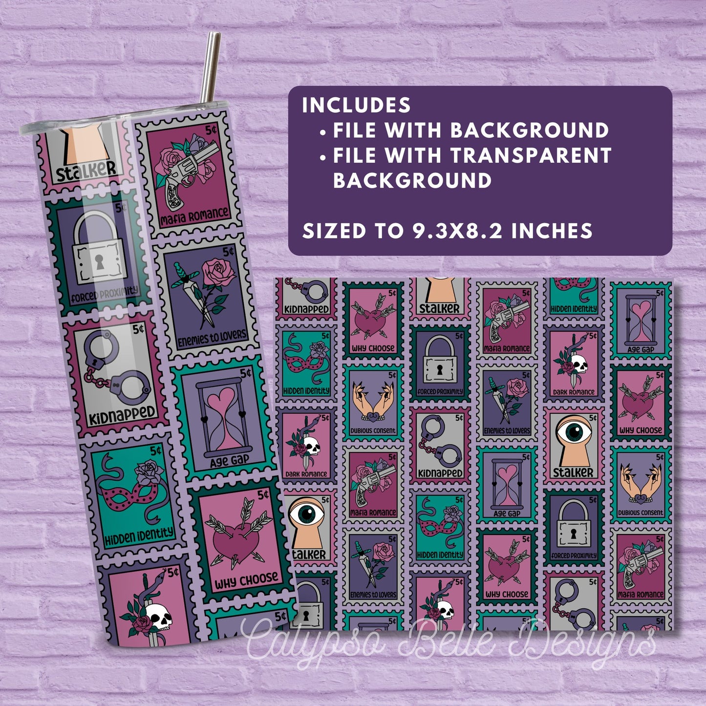 Dark Romance Reader 20 oz Skinny Tumbler Seamless Wrap, Bookish Pattern, Trope Stamps