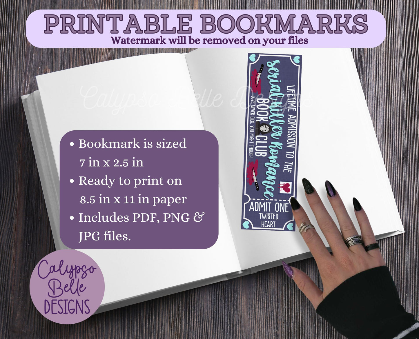 Serial Killer Romance Admit One Book Club Printable Bookmark