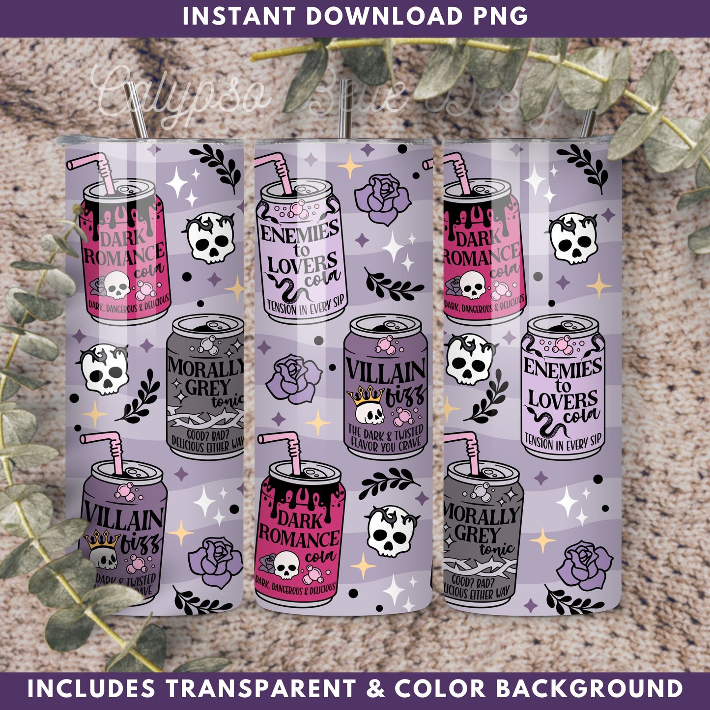 Dark Romance Reader Soda 20 oz Skinny Tumbler Seamless Wrap, Bookish Pattern