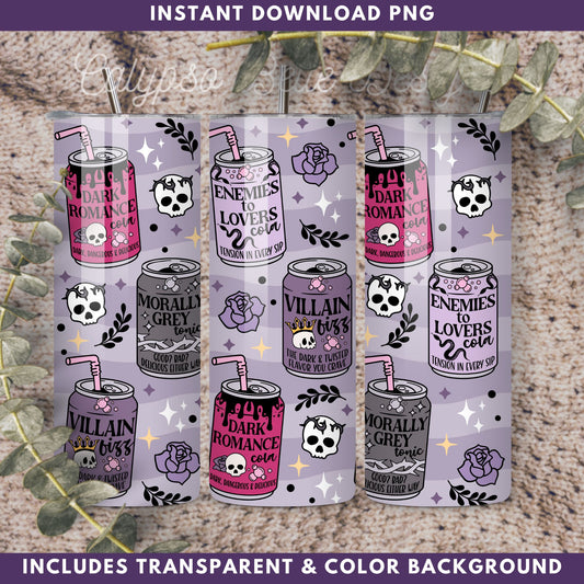 Dark Romance Reader Soda 20 oz Skinny Tumbler Seamless Wrap, Bookish Pattern