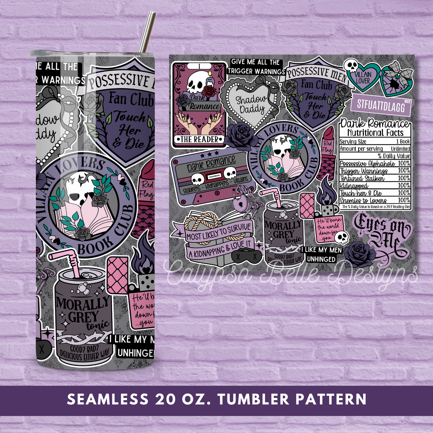 Dark Romance Reader Reader 20 oz Skinny Tumbler Seamless Wrap, Bookish Pattern