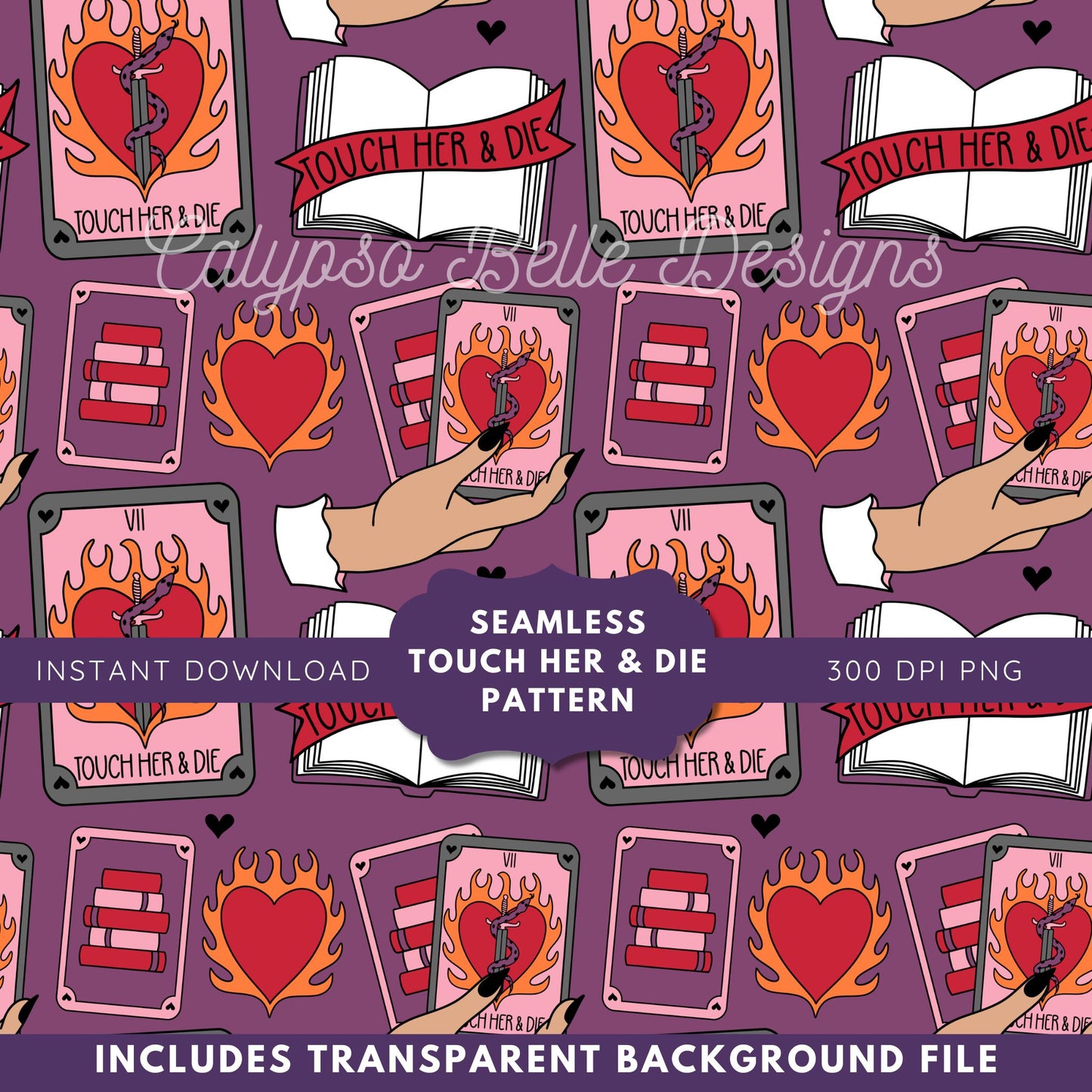 Touch her & Die Reader Tarot Romance Seamless Pattern, Smut Bookish Pattern