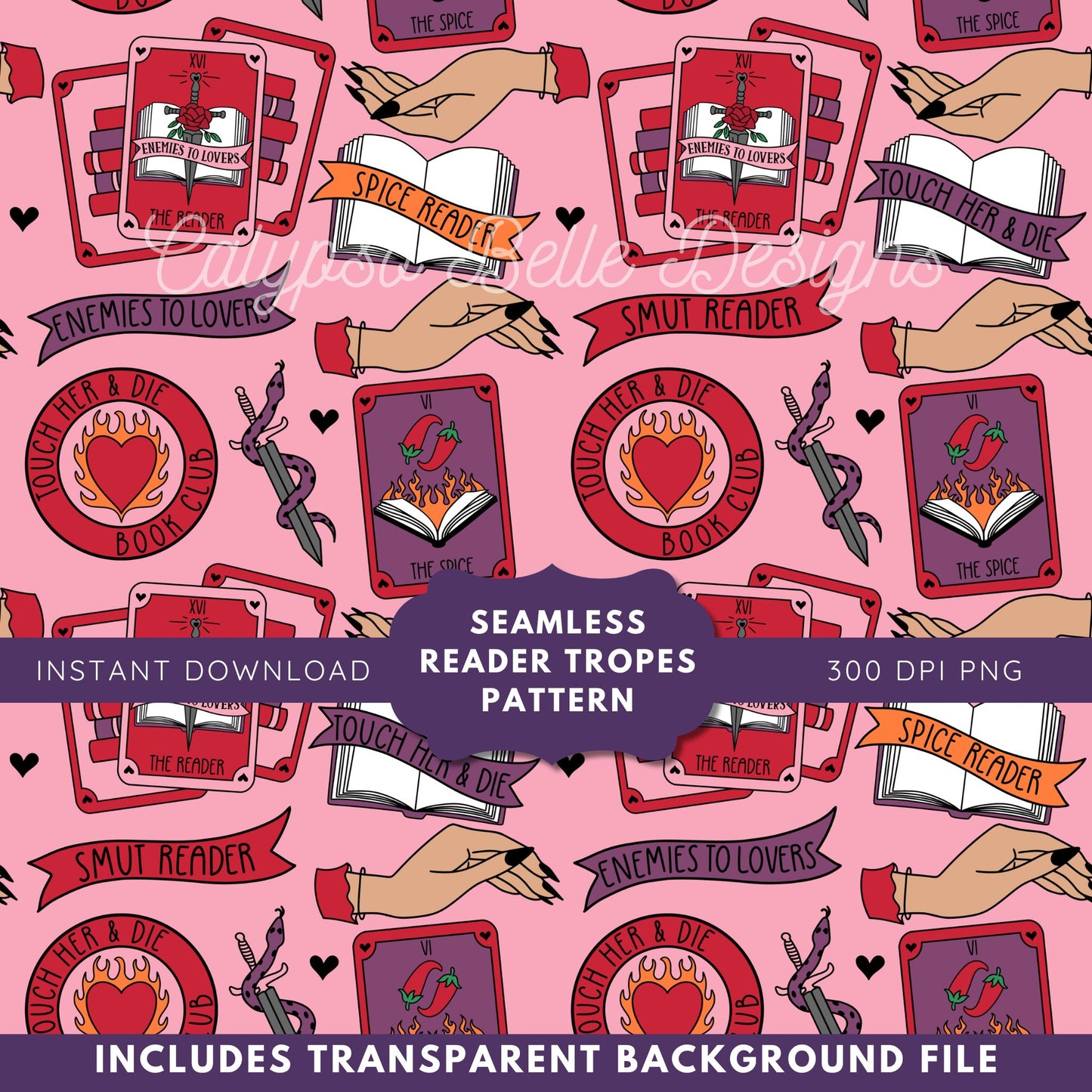 Reader Tropes Tarot Romance Seamless Pattern, Smut Bookish Pattern