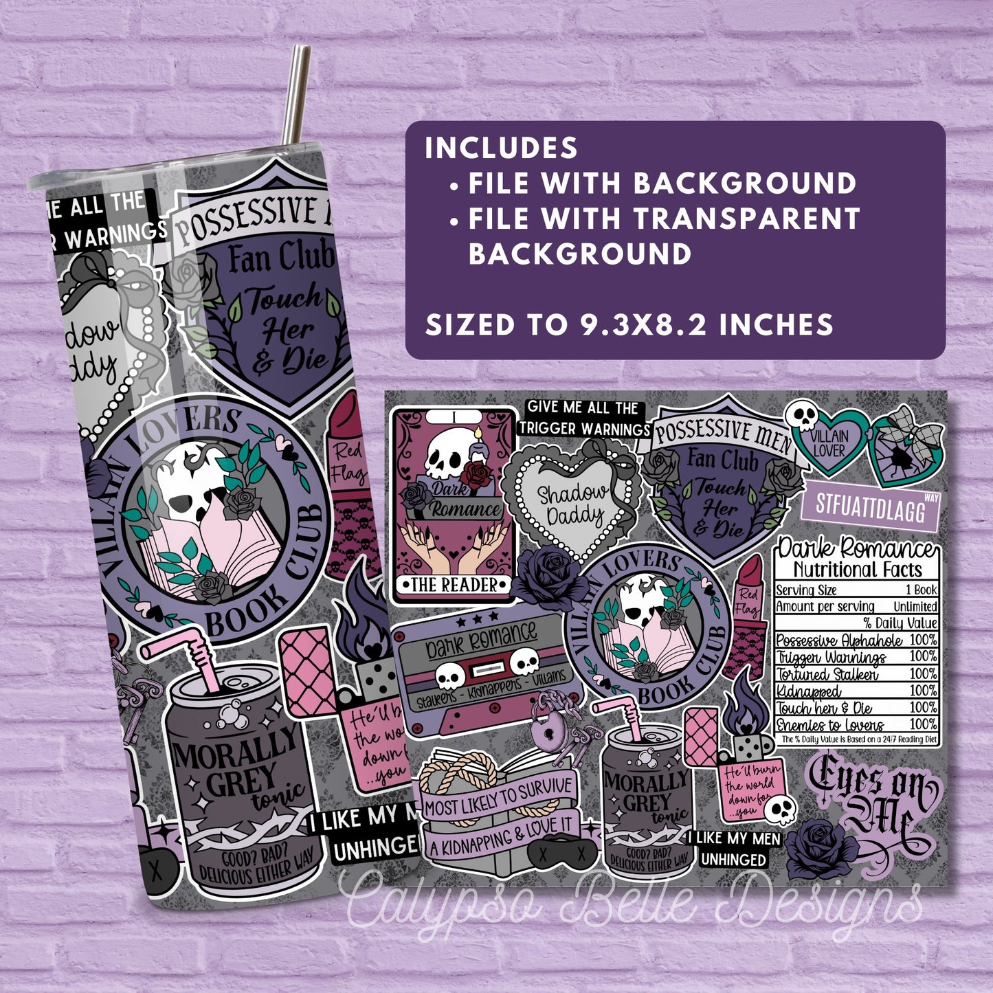 Dark Romance Reader Reader 20 oz Skinny Tumbler Seamless Wrap, Bookish Pattern